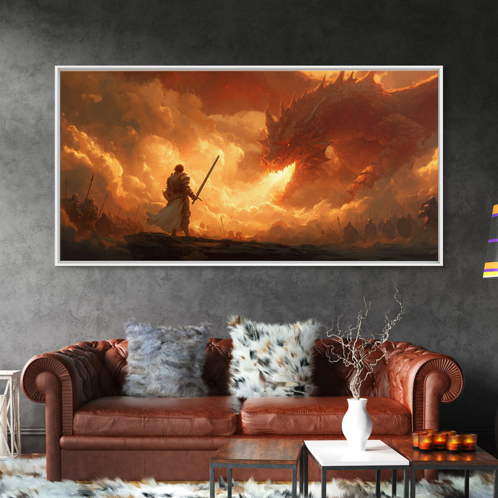 Lone Swordsman Facing Fire Dragon Wall Art, Dark Fantasy Canvas Print For Medieval Decor, Gamer Room, And Unique Gift For Him