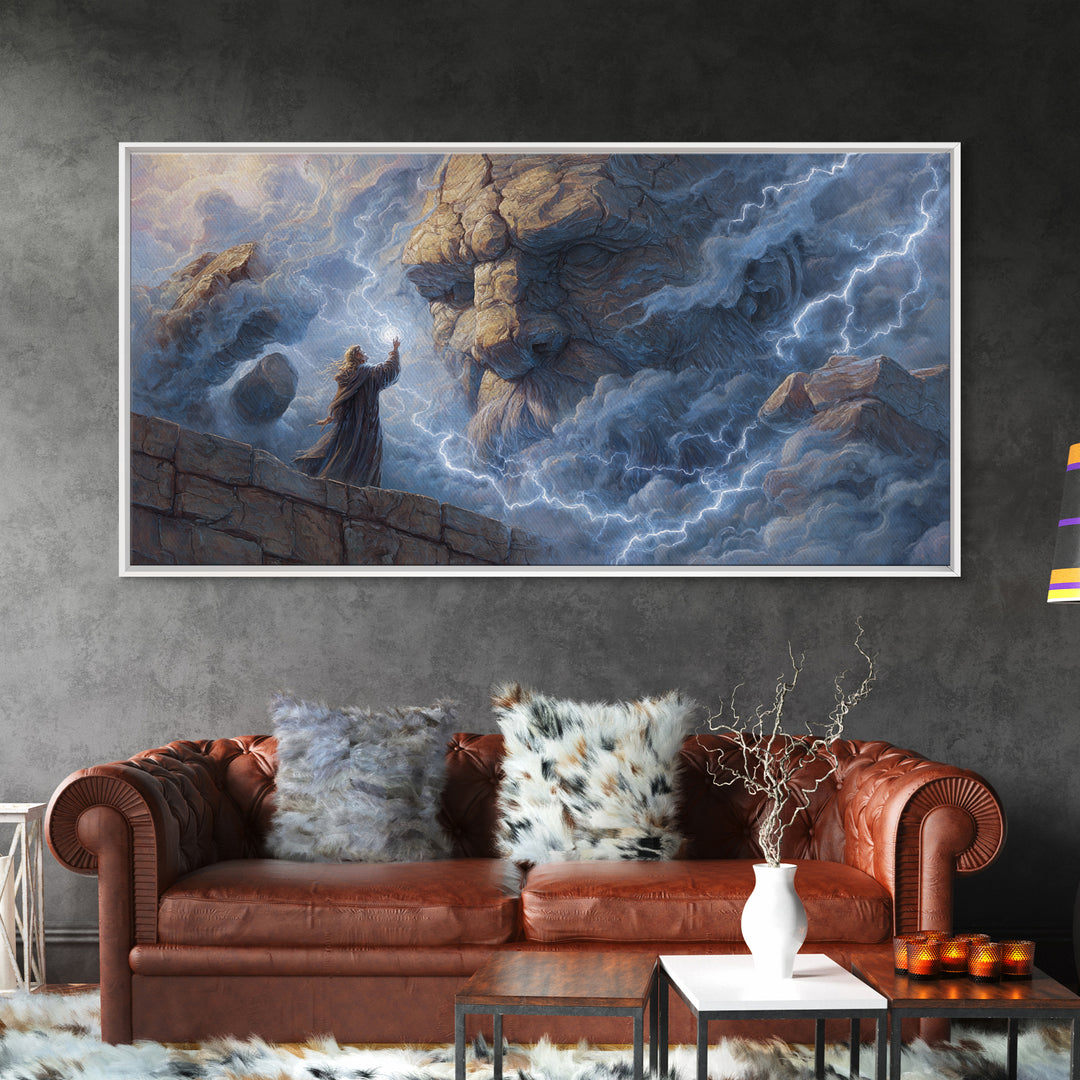 Storm Wizard Summoning Stone Giant Wall Art, Lightning Fantasy Canvas Print For Dark Academia Decor And Dnd Gamer Gift Idea