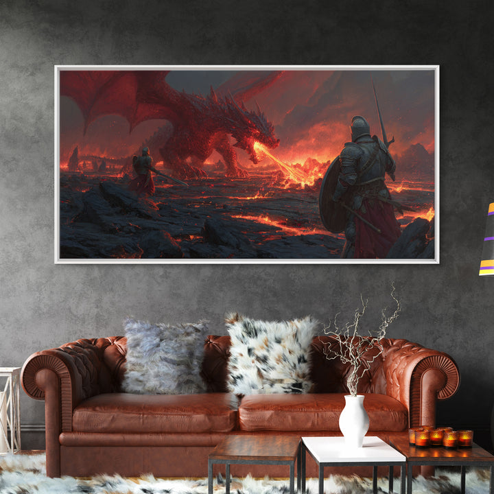 Armored Knights Facing Lava Dragon Canvas Print, Dark Fantasy Wall Art For Medieval Gaming Room And Dramatic Home Decor Gift