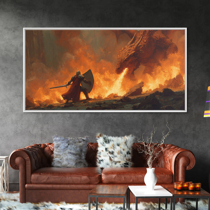 Knight With Shield Against Fire Dragon Wall Art, Epic Fantasy Canvas Print For Medieval Decor And Masculine Office Art Gift