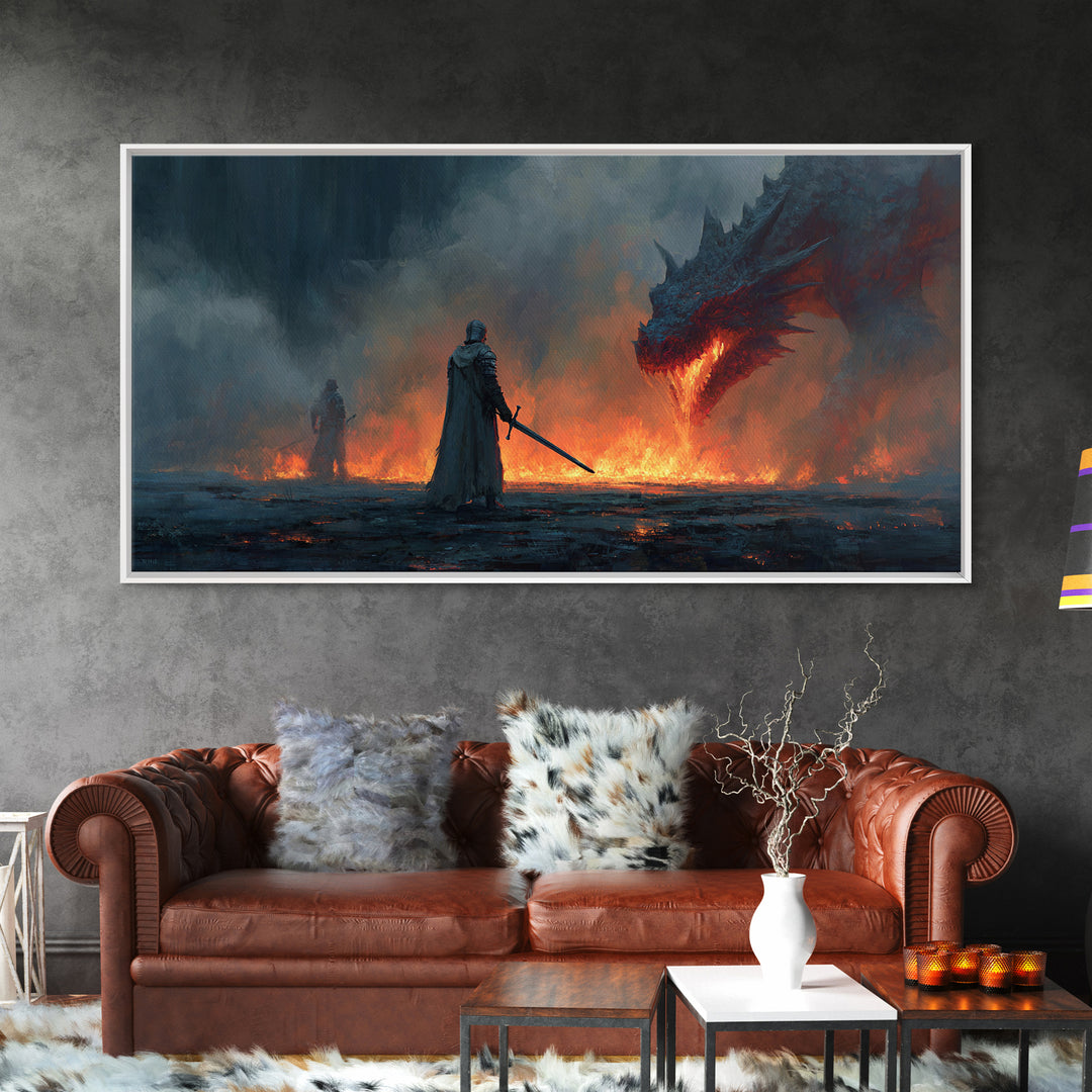 Cloaked Warrior Facing Blue Dragon Canvas Print, Moody Dark Fantasy Wall Art For Gamer Room Decor And Gothic Gift For Him