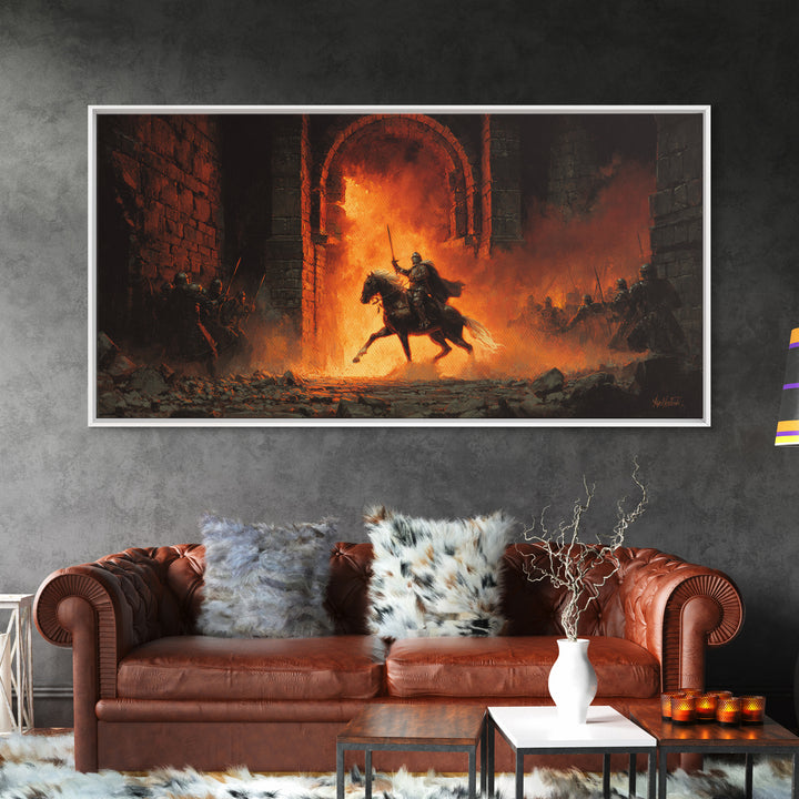 Mounted Knight Riding Through Fiery Gate Wall Art, Medieval Fantasy Canvas Print For Dark Castle Decor And Gamer Gift Idea