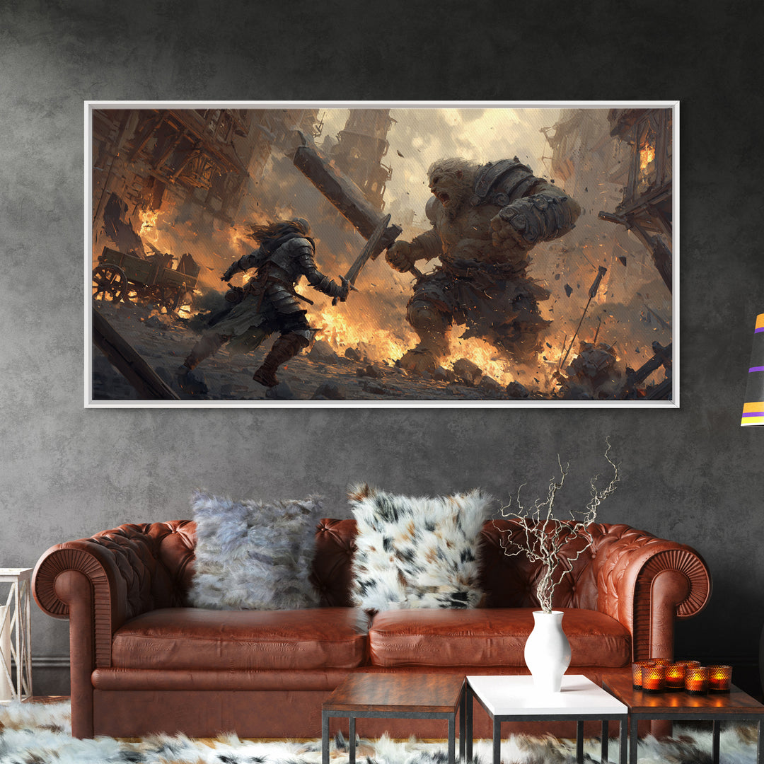 Armored Warrior Battling Giant Troll Canvas Print, Epic Fantasy Wall Art For Gaming Room Decor And Medieval Gift For Him