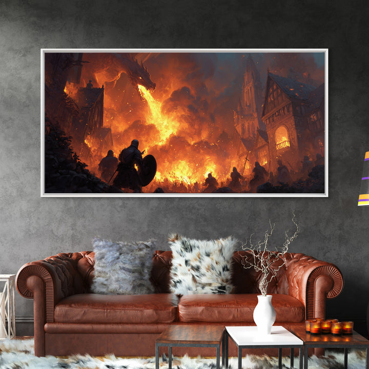 Dragon Burning Medieval Village Wall Art, Dark Fantasy Canvas Print For Gothic Castle Decor, Gamer Room, And Gift For Him