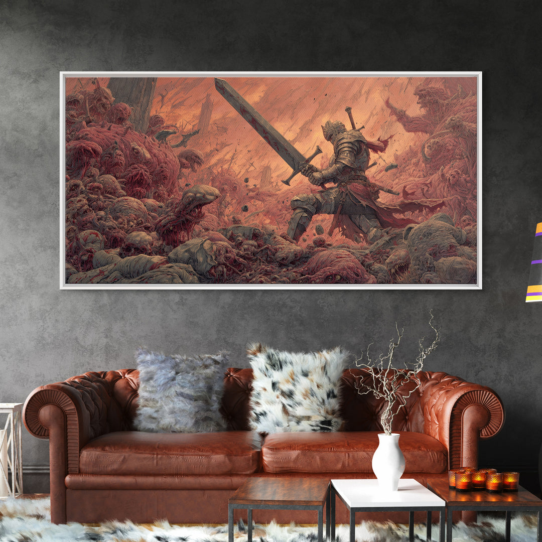 Armored Hero With Giant Sword Wall Art, Surreal Dark Fantasy Canvas Print For Monster Battle Decor And Gothic Gamer Gift