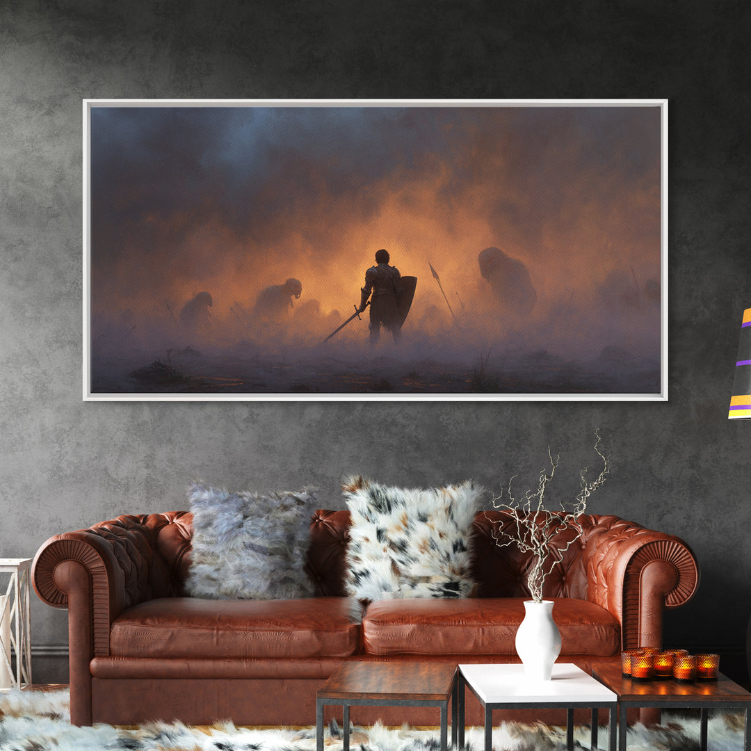 Lone Knight In Smoky Ember Battlefield Wall Art, Dark Fantasy Art, Medieval Warrior, Gothic Decor, Dramatic Canvas Print