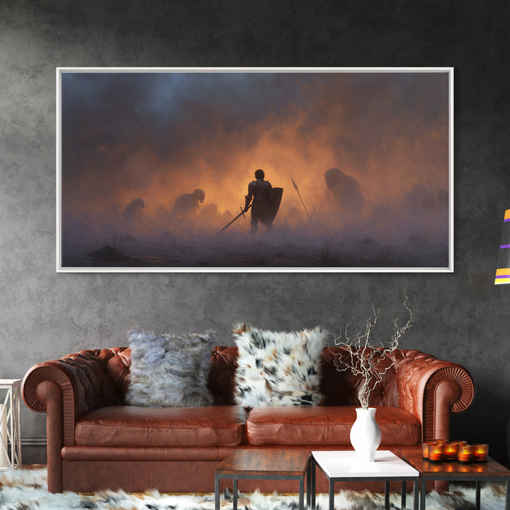 Lone Knight In Smoky Ember Battlefield Wall Art, Dark Fantasy Art, Medieval Warrior, Gothic Decor, Dramatic Canvas Print