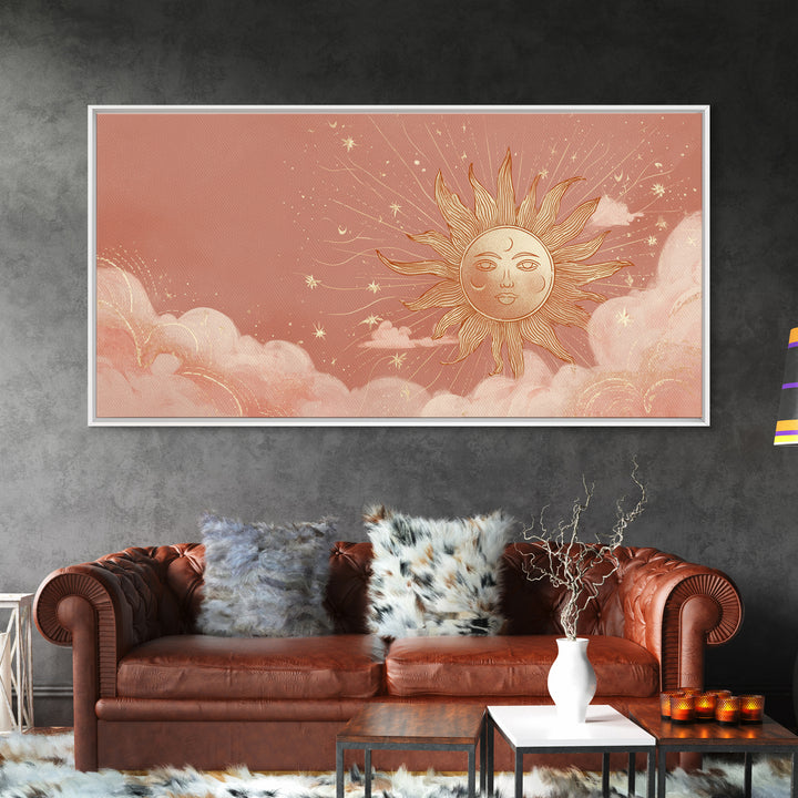 Peach Boho Sun Face In Cloudy Sky Wall Art, Celestial Art Print, Nursery Wall Decor, Whimsical Kids Room Decor Gift For Her