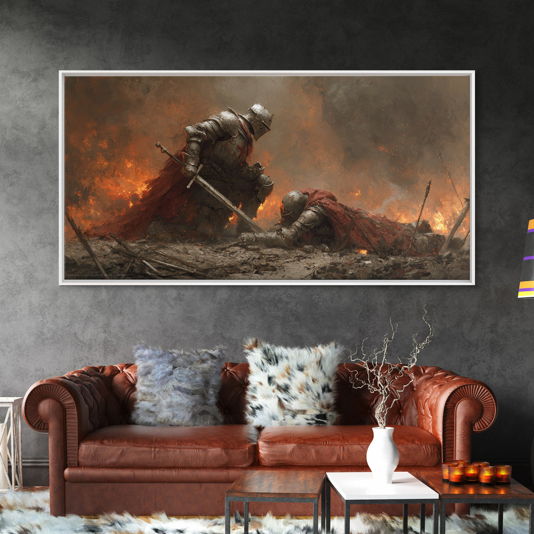 Armored Knight Lifting Fallen Warrior Framed Canvas Print, Dark Fantasy Art, Medieval Battle, Gothic Wall Decor, Gift For Him