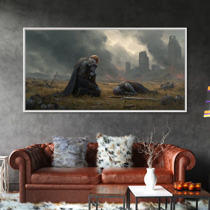 Kneeling Knight Beside Fallen Comrade Wall Art, Dark Fantasy Landscape, Medieval Ruins, Moody Wall Decor, Large Canvas Print