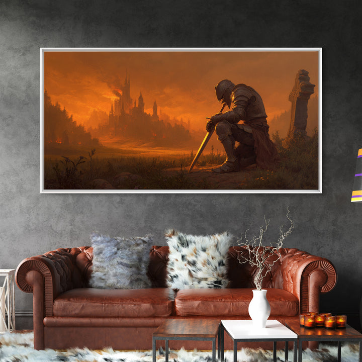 Kneeling Knight Before Burning Castle Canvas Print, Dark Fantasy Art, Medieval Landscape, Gothic Wall Decor, Office Decor