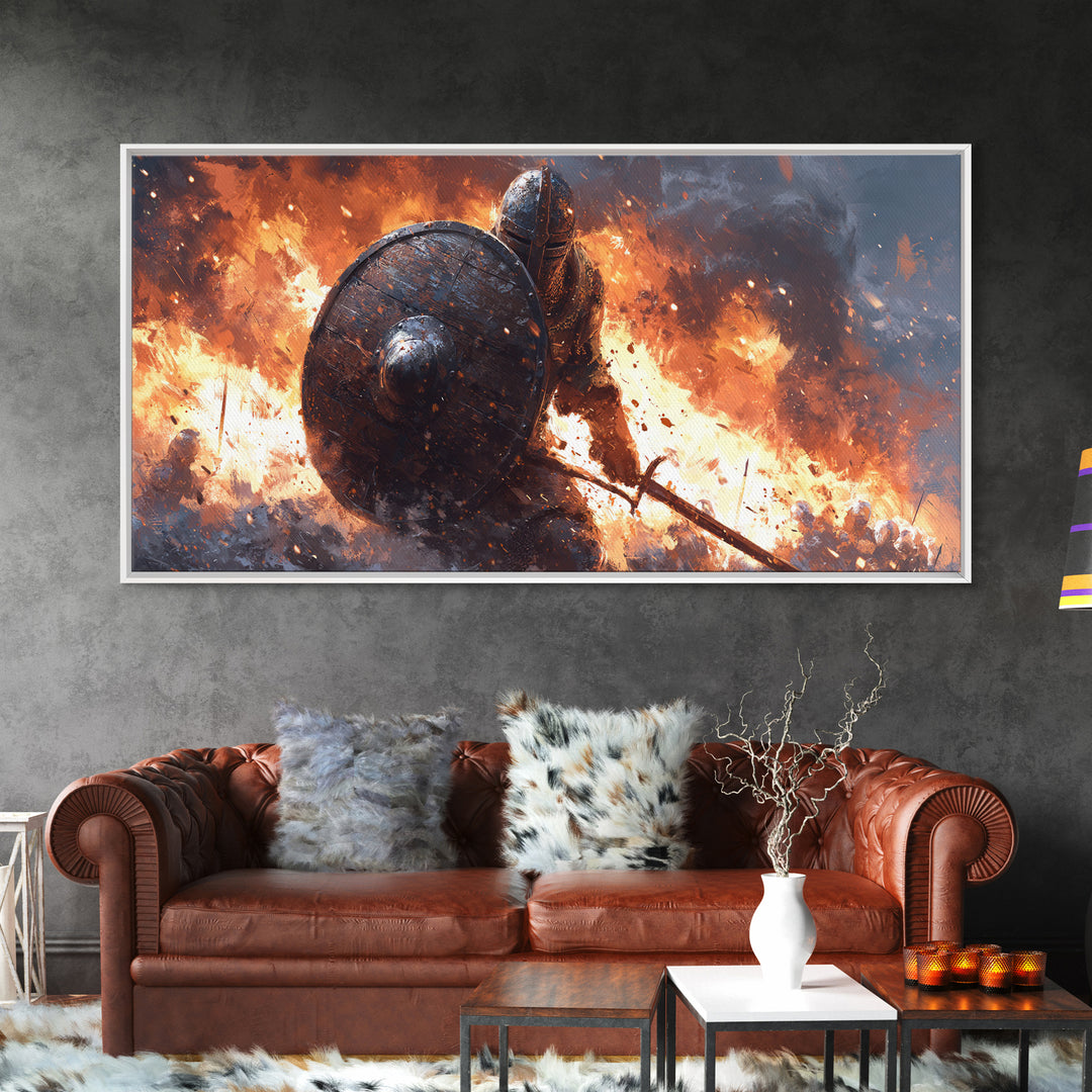 Shielded Knight Charging Through Fire Wall Art, Dark Fantasy Warrior, Medieval Battle, Gothic Home Decor, Statement Canvas Print