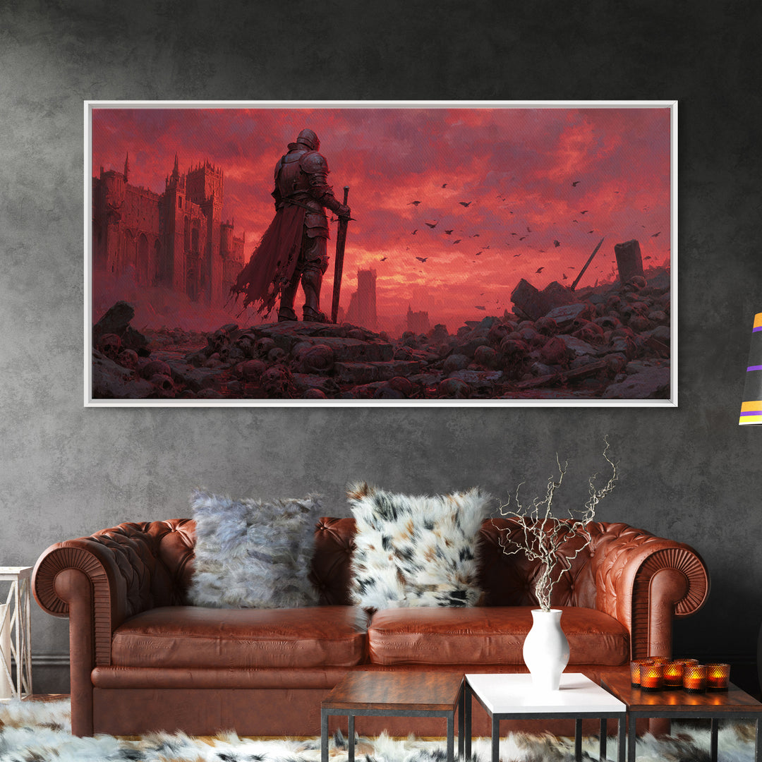 Knight Standing Among Skulls At Red Ruins Wall Art, Dark Fantasy Art, Gothic Decor, Medieval Warrior, Dramatic Canvas Print