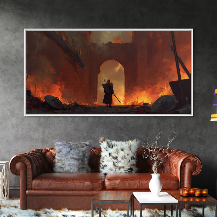Knight Facing Dragon At Burning Gate Framed Canvas Print, Dark Fantasy Art, Medieval Castle, Gothic Wall Decor, Epic Gift