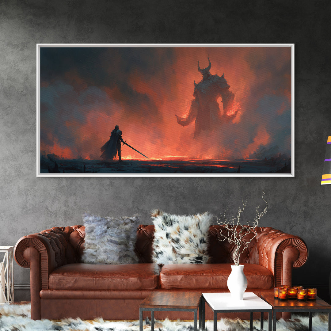 Lone Knight Facing Fire Demon Wall Art, Dark Fantasy Art, Surreal Gothic Decor, Medieval Warrior, Epic Statement Canvas Print