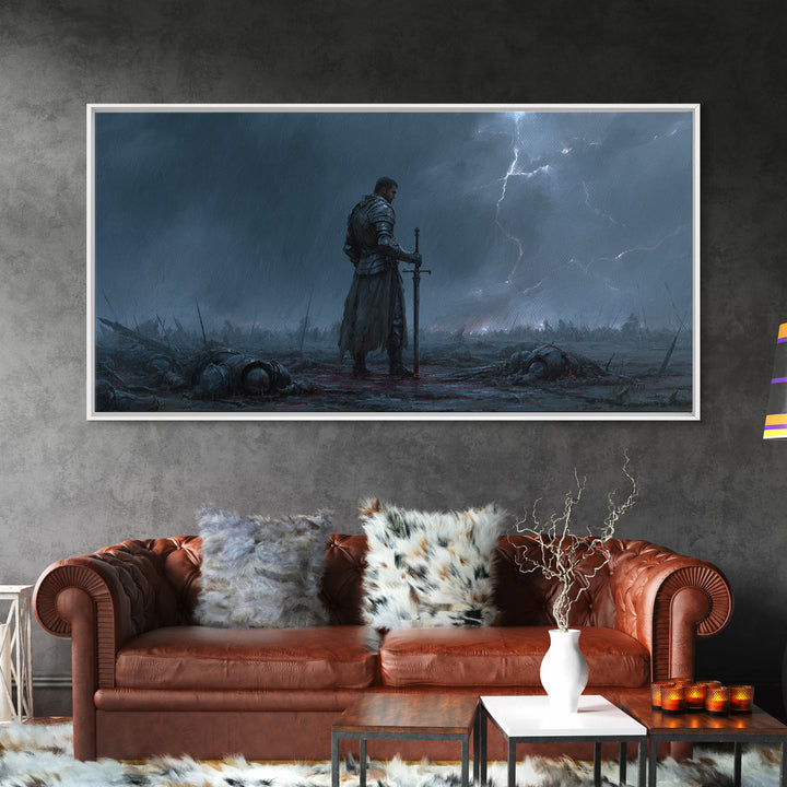 Storm Worn Knight In Rainy Battlefield Wall Art, Dark Fantasy Landscape, Medieval Warrior, Moody Gothic Decor, Canvas Print