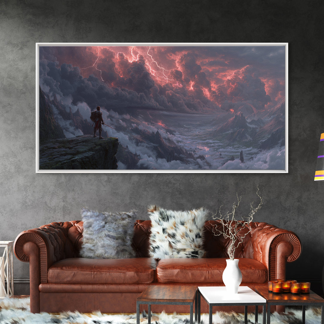 Knight On Mountain Cliff Under Lightning Wall Art, Dark Fantasy Landscape, Epic Mountain Art, Gothic Decor, Canvas Print