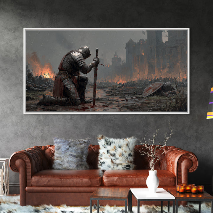 Kneeling Knight In Rainy Battlefield Framed Canvas Print, Dark Fantasy Wall Art, Medieval Castle Office Decor Gift For Him
