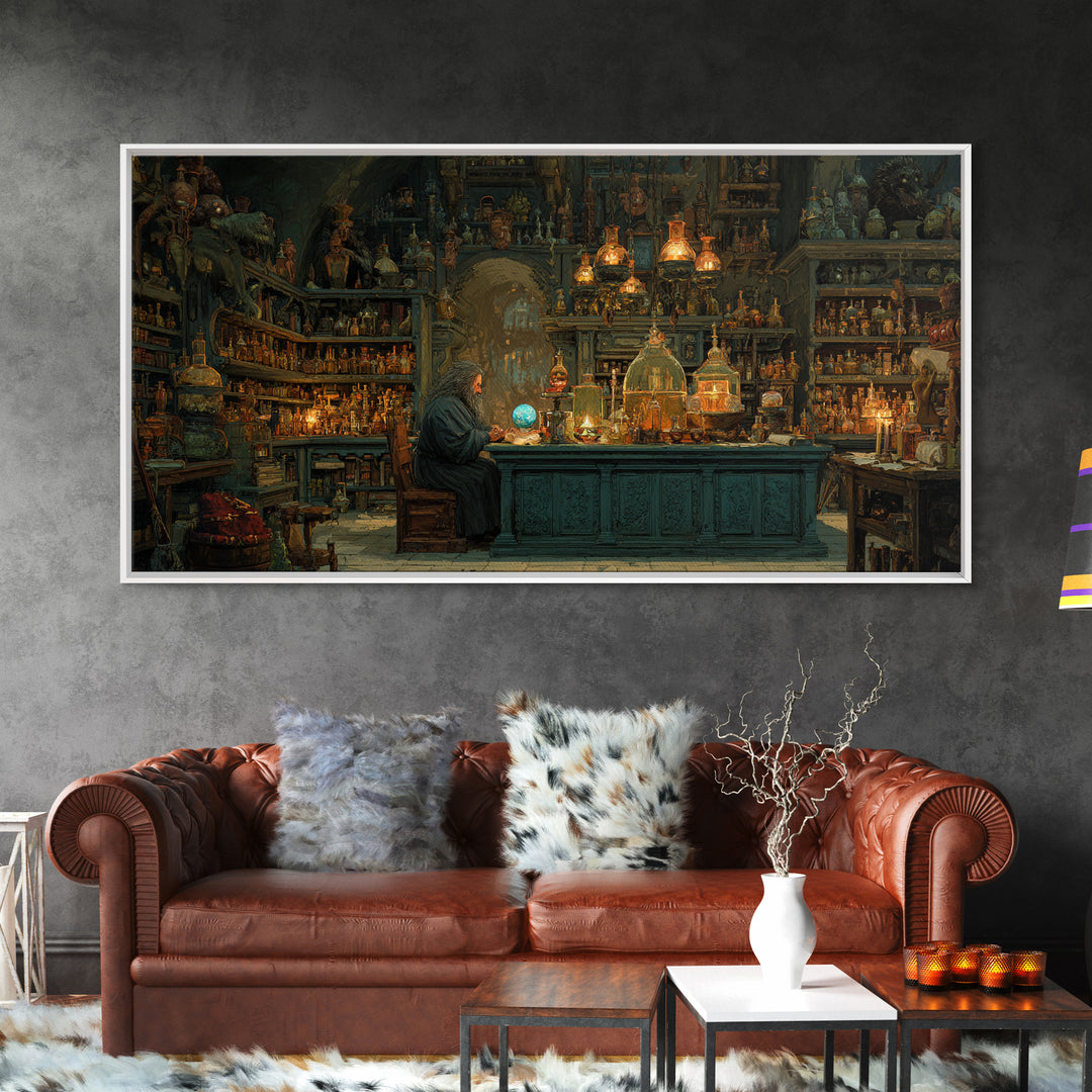 Wizard Alchemy Shop Canvas Print, Dark Academia Wall Art, Fantasy Library Decor, Gothic Apothecary Art Print For Living Room Home Decor
