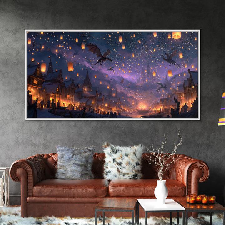 Dragon Lantern Festival Village Canvas Print, Fantasy Wall Art, Whimsical Night Sky Decor, Magical Kids Room Decor Gift Idea