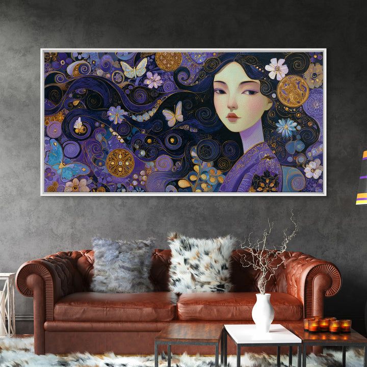 Purple Art Nouveau Woman Wall Art, Feminine Portrait Canvas Print, Butterfly Floral Decor, Gold Boho Gallery Wall Art Print