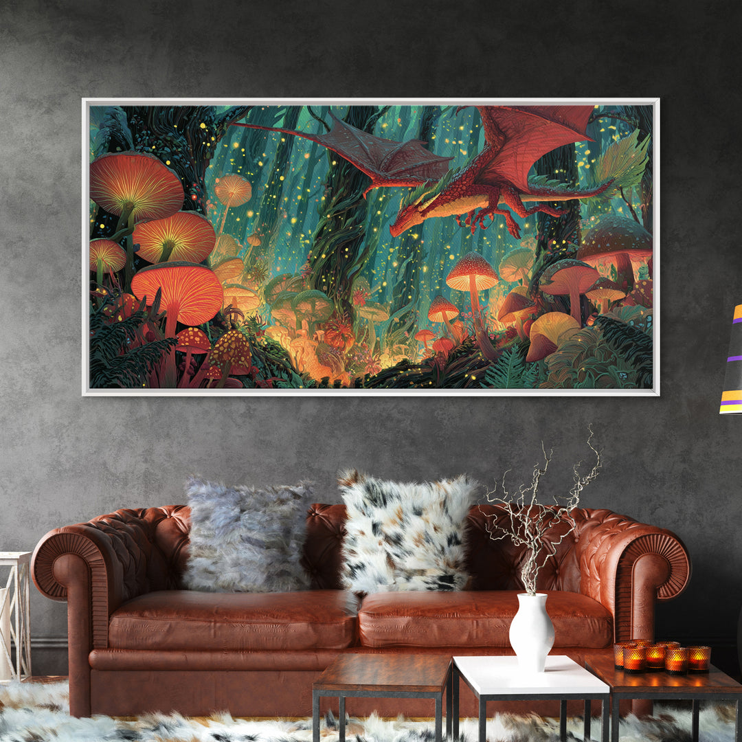 Red Dragon Over Glowing Mushroom Forest Wall Art, Whimsical Fantasy Canvas Print, Enchanted Woodland Kids Room Decor Gift