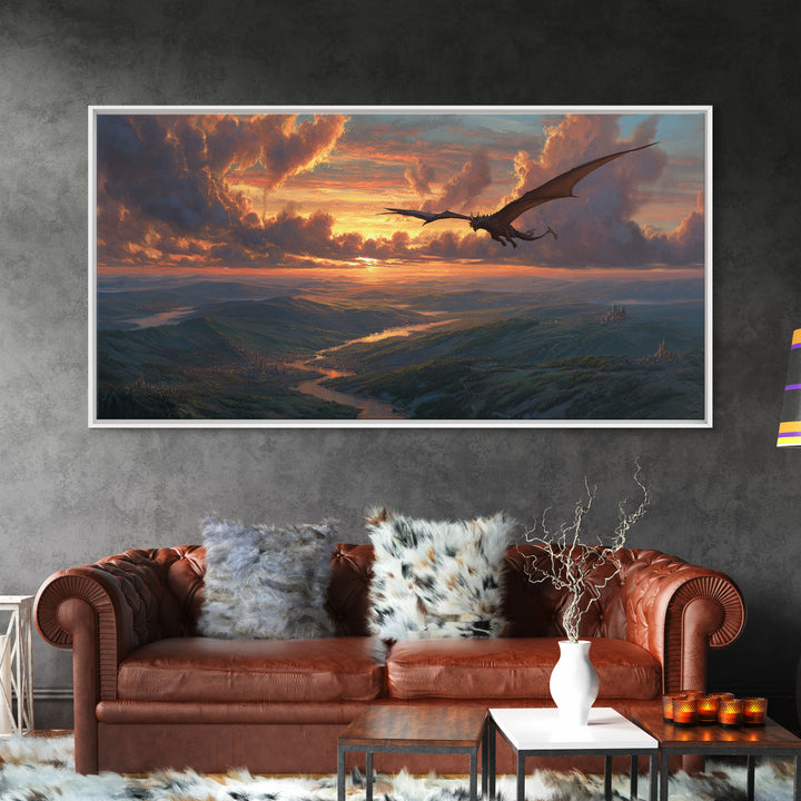 Dragon Flying Over Sunset Valley Wall Art, Epic Fantasy Canvas Print, Mountain Landscape Decor, Mythical Adventure Art Print