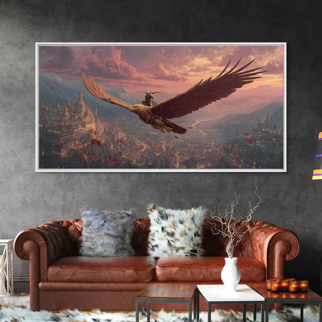 Epic Eagle Rider Over Kingdom Wall Art, Fantasy Canvas Print, Mythical Landscape Art For Gamer Room, Study, And Office Decor