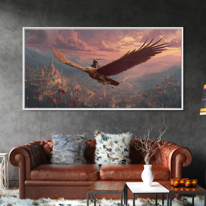 Epic Eagle Rider Over Kingdom Wall Art, Fantasy Canvas Print, Mythical Landscape Art For Gamer Room, Study, And Office Decor