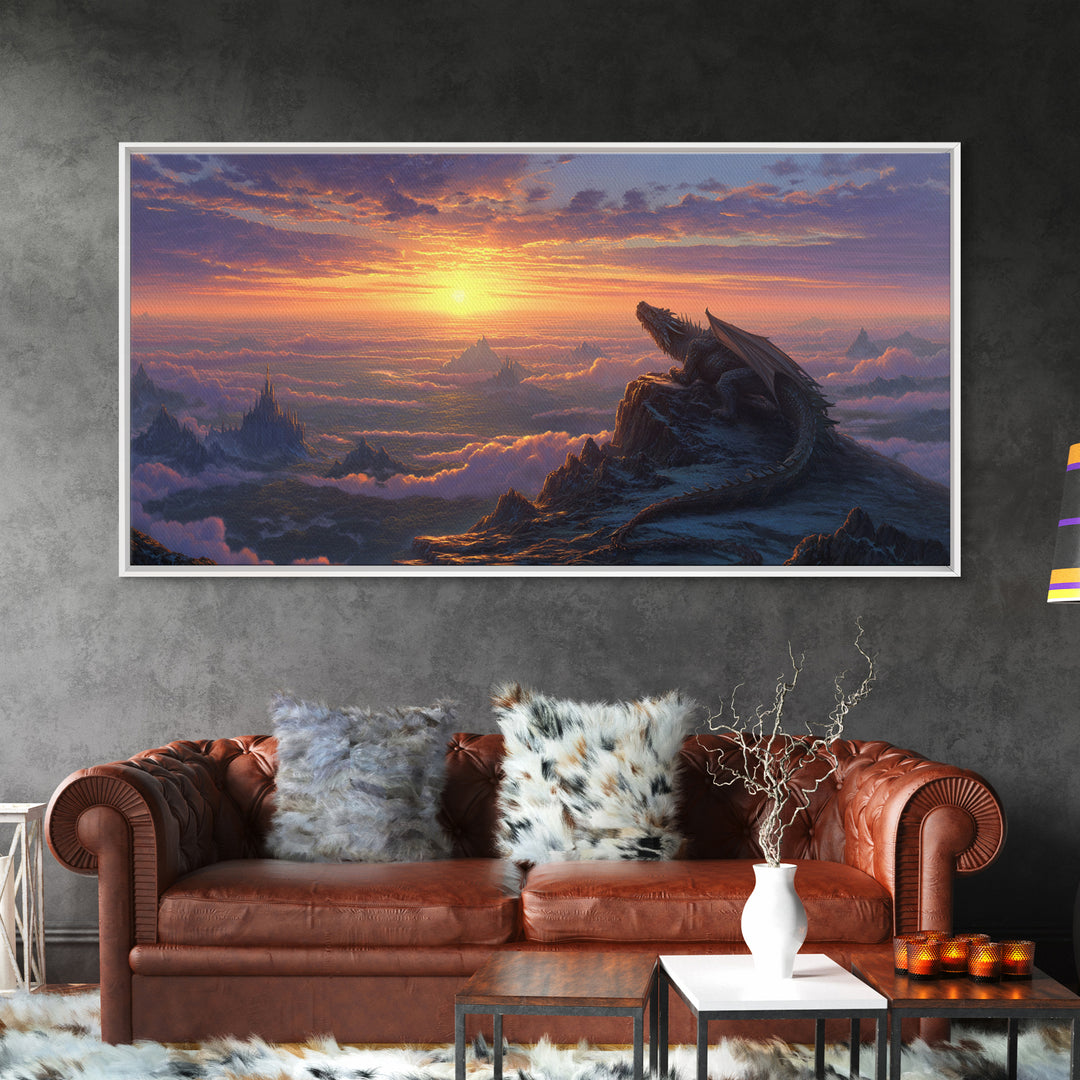 Sunset Dragon Mountain Kingdom Wall Art, Epic Fantasy Landscape Canvas, Medieval Castle Decor, Large Fantasy Art Print Gift
