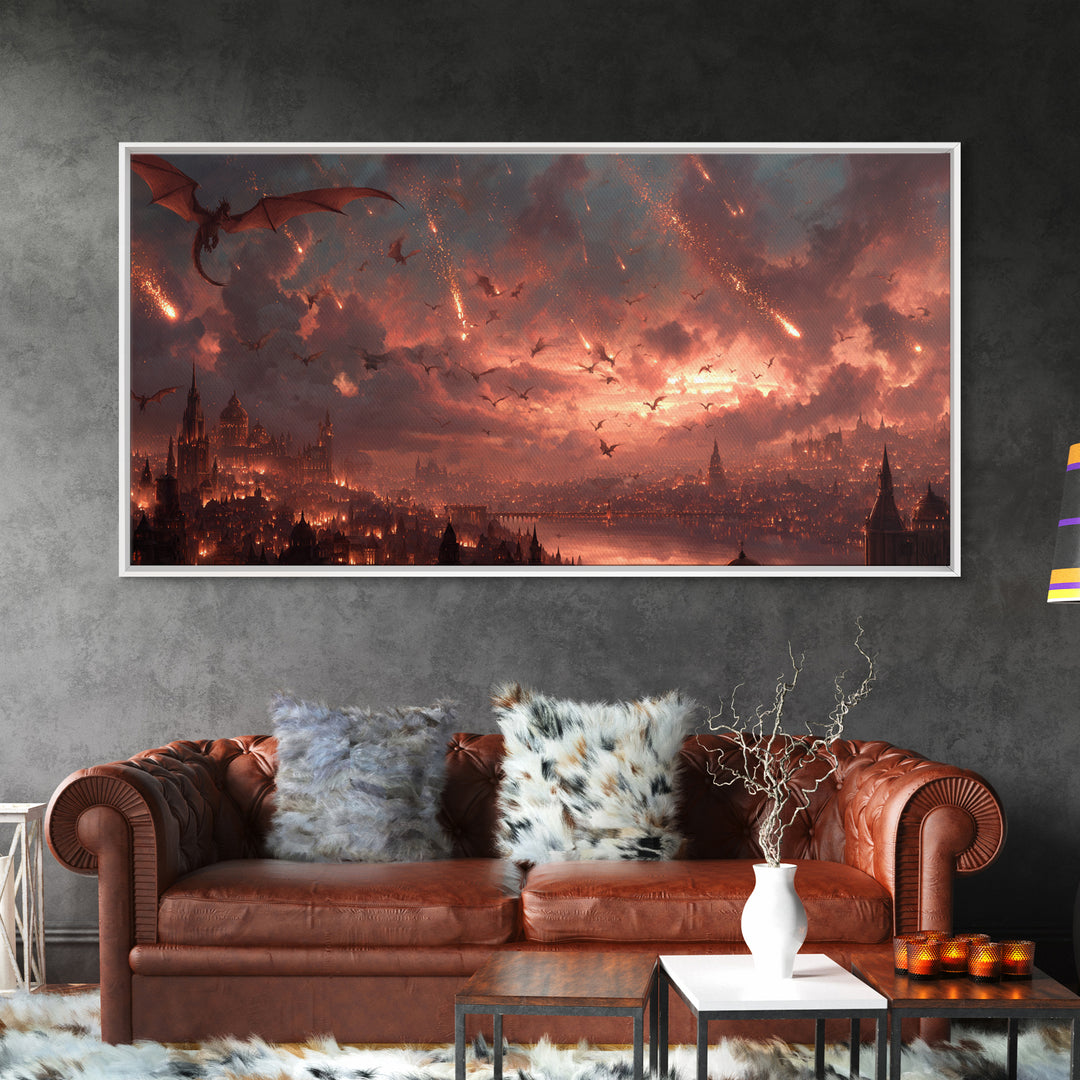 Dragon Siege Over Burning City Canvas Print, Dark Fantasy Wall Art, Gothic Medieval Decor, Epic Game Room Poster Gift For Gamer