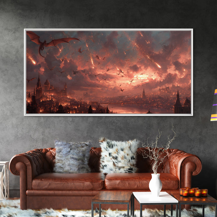 Dragon Siege Over Burning City Canvas Print, Dark Fantasy Wall Art, Gothic Medieval Decor, Epic Game Room Poster Gift For Gamer
