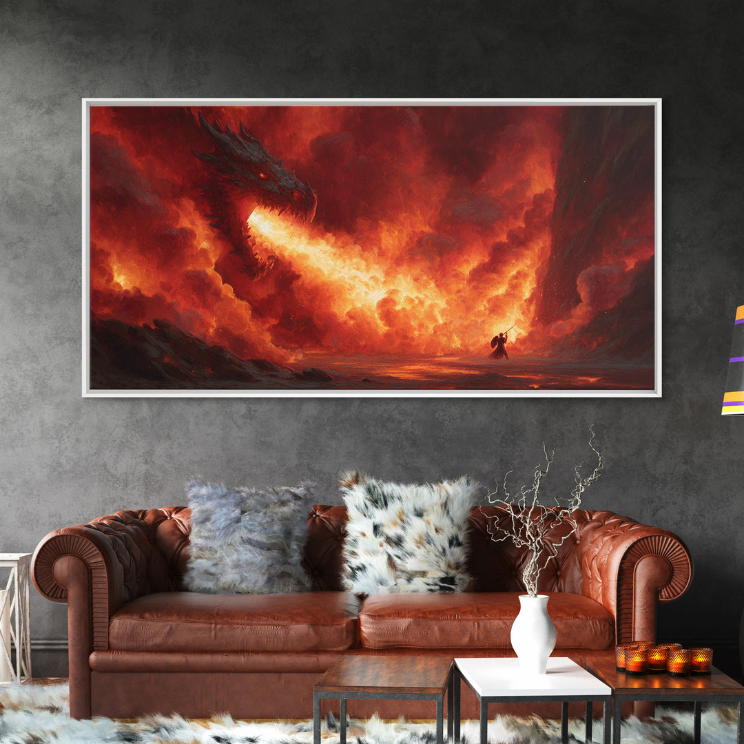 Fire Breathing Dragon In Volcanic Sky Canvas Print, Dark Fantasy Wall Art, Epic Dragon Art, Fantasy Decor, Gamer Room Decor, Large Artwork
