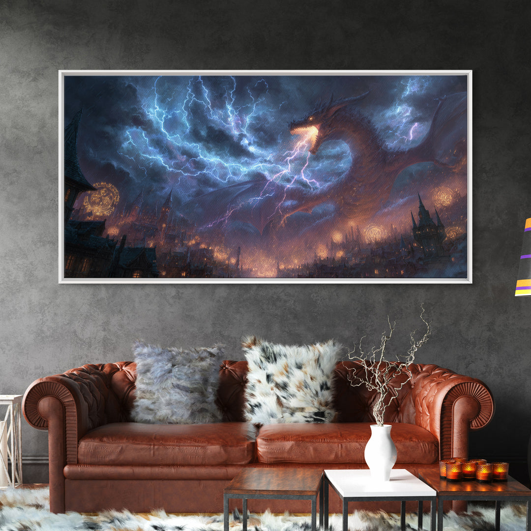 Lightning Dragon Over Gothic City Wall Art, Dark Fantasy Canvas, Stormy Castle Decor, Epic Dragon Print, Gamer Gift, Fantasy Decor