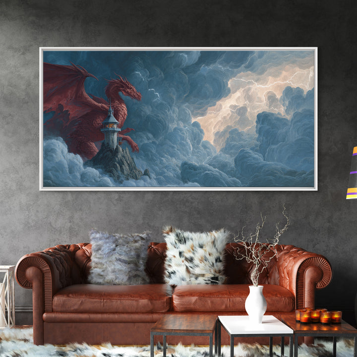 Red Dragon Lighthouse In Storm Clouds Canvas Print, Epic Fantasy Wall Decor, Mythical Creature Art, Dungeons And Dragons Gift