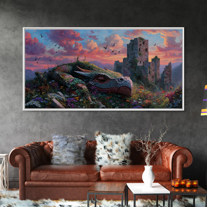 Sleeping Dragon Among Wildflowers Framed Canvas Print, Fantasy Wall Art, Whimsical Decor, Nursery Art, Enchanted Castle Art