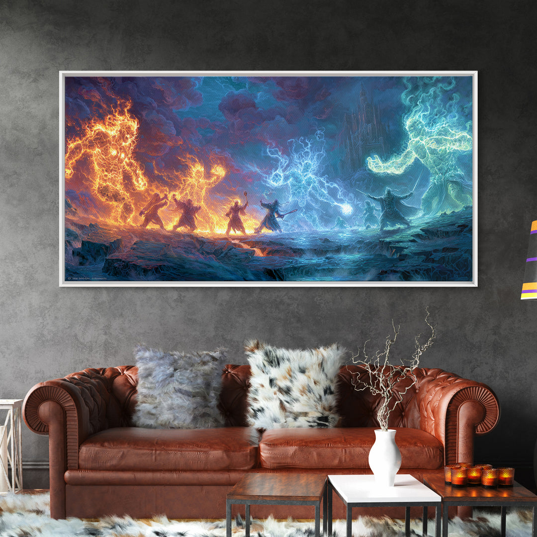 Elemental Dragon Battle Canvas Print, Fire And Ice Fantasy Wall Art, Epic Magic Warrior Decor, RPG Gamer Room Gift For Him