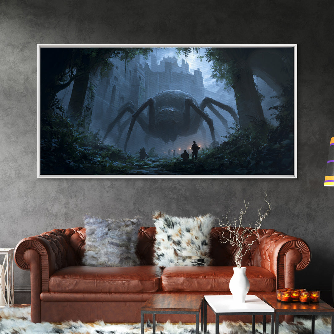Giant Spider In Ruined Forest Canvas Print, Dark Fantasy Wall Art, Gothic Castle Decor, Creepy Dungeons And Dragons Gift