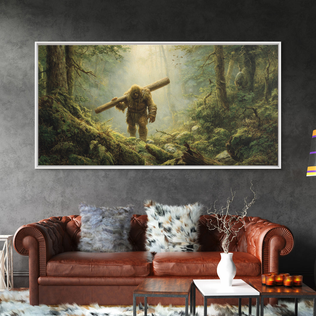 Bigfoot Carrying Log Through Mossy Forest Wall Art, Whimsical Wildlife Canvas Print, Cabin Decor, Fantasy Home Decor, Unique Gift