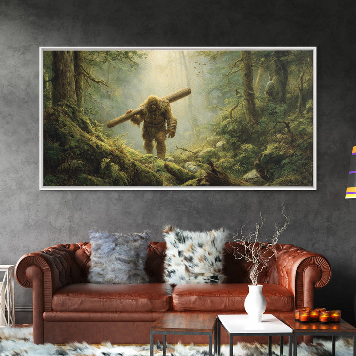 Bigfoot Carrying Log Through Mossy Forest Wall Art, Whimsical Wildlife Canvas Print, Cabin Decor, Fantasy Home Decor, Unique Gift