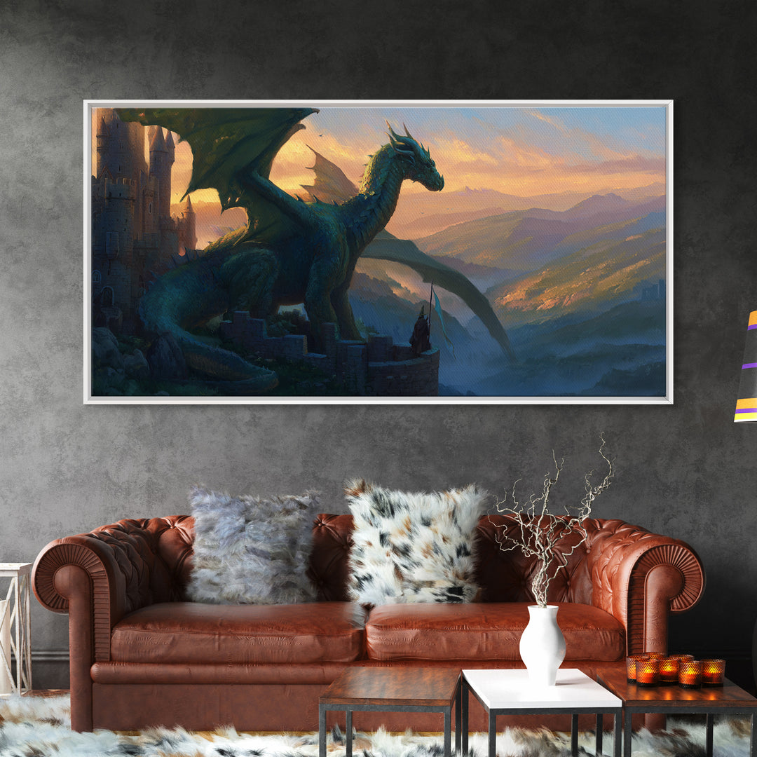 Emerald Dragon Castle Wall Art, Fantasy Landscape Canvas Print, Medieval Gothic Decor, Large Mythical Creature Artwork Gift