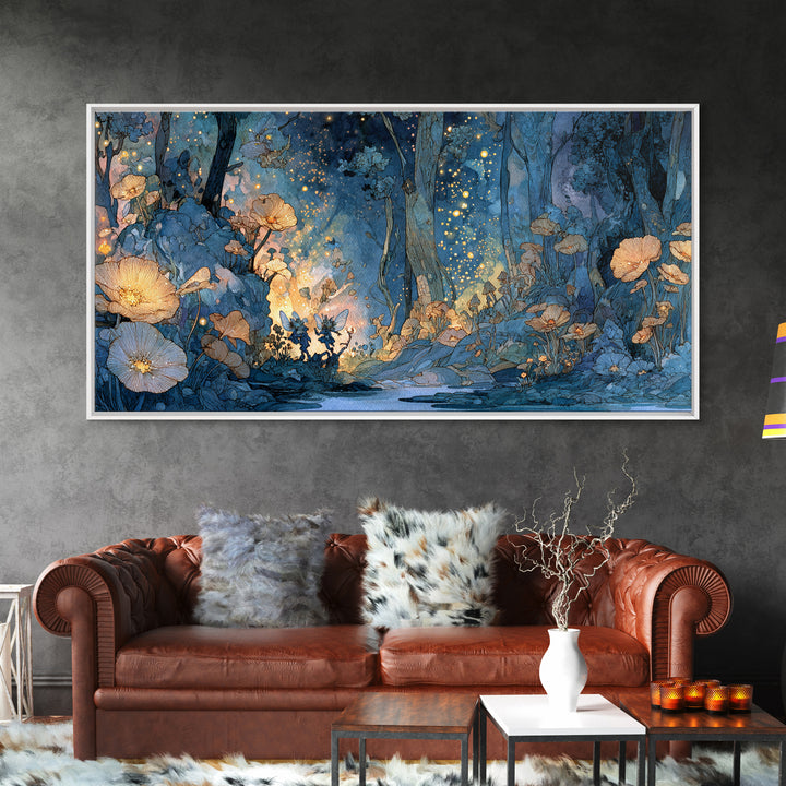 Glowing Blue Fairy Forest Canvas Print, Whimsical Floral Wall Art, Enchanted Woodland Decor, Firefly Fantasy Print, Nursery Wall Decor