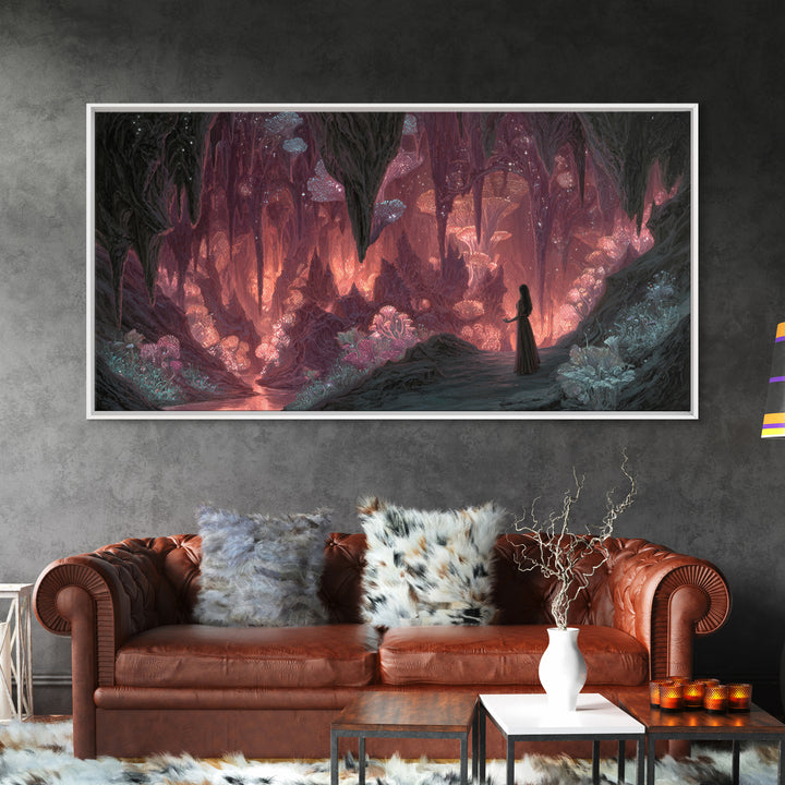Glowing Crystal Mushroom Cave Wall Art, Magical Fantasy Canvas Print, Ethereal Decor, Whimsical Art, Goblincore Home Decor