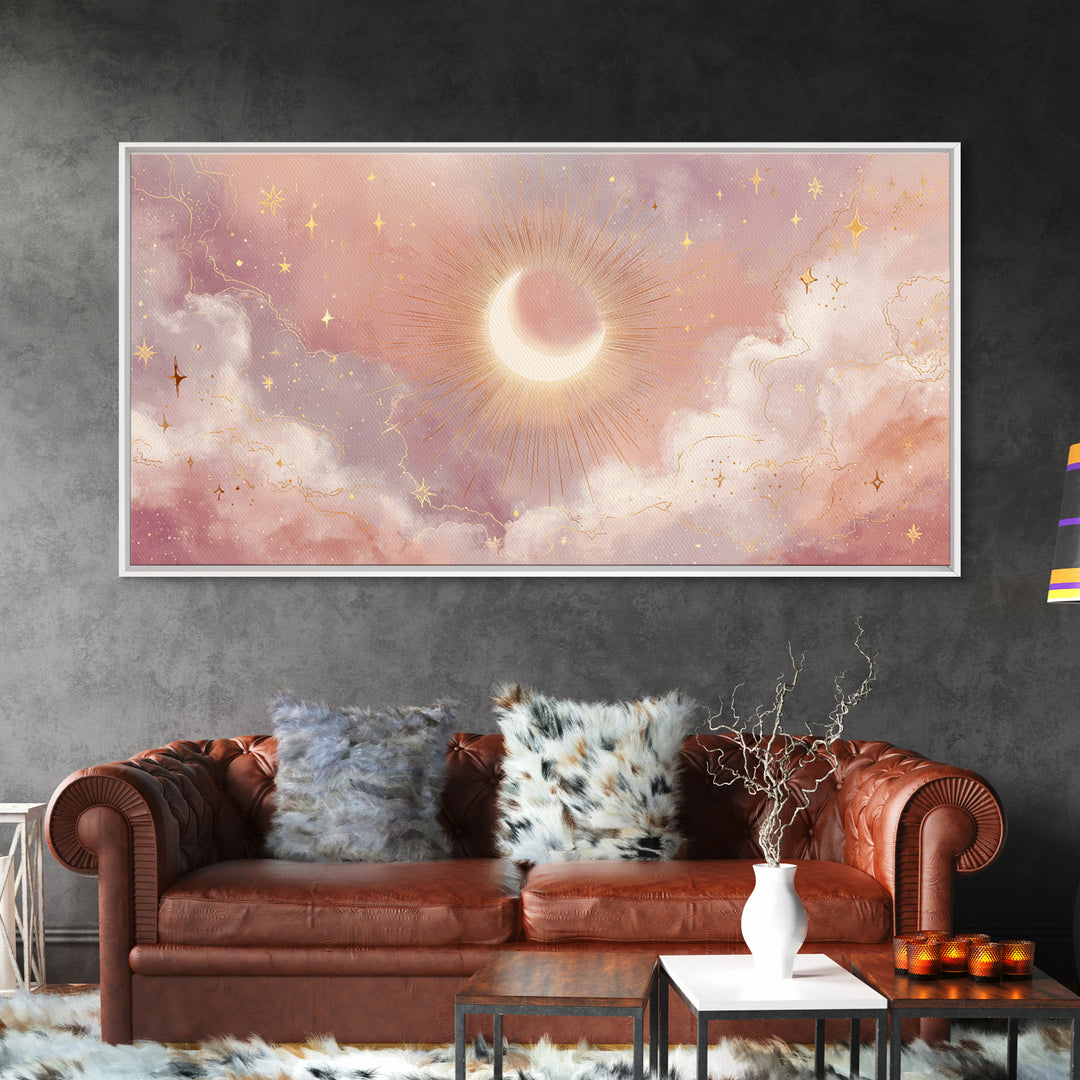 Glowing Solar Eclipse With Pink Clouds Wall Art, Celestial Canvas Print, Moon And Stars Decor, Dreamy Bedroom Decor Gift For Her