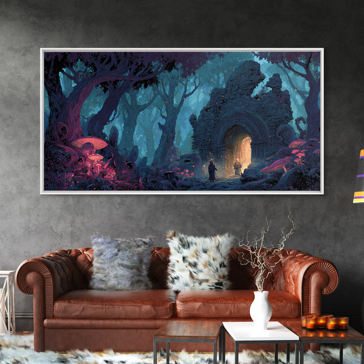 Enchanted Forest Portal Canvas Print, Mushroom Fantasy Wall Art, Magical Ruins Decor, Whimsical Fairy Tale Print For Kids Room