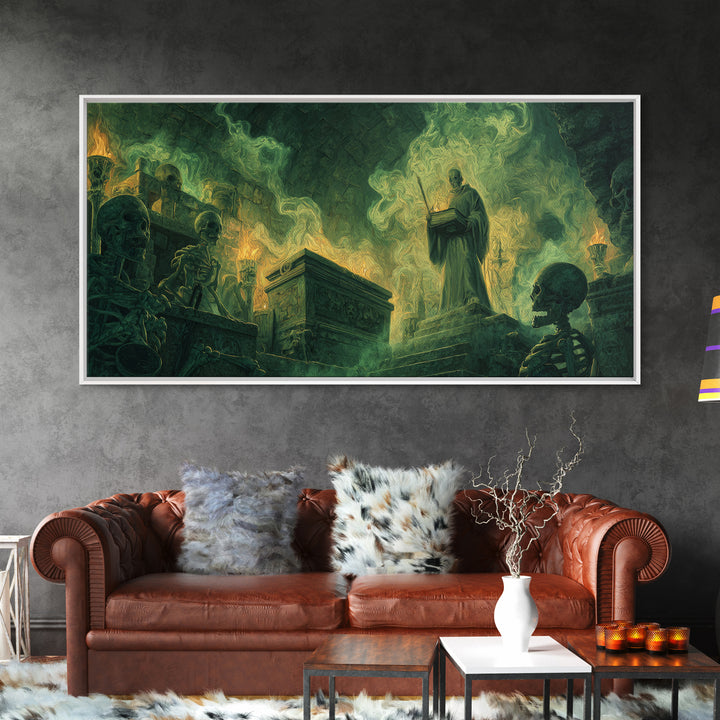 Green Necromancer Crypt Canvas Print, Skeleton Ritual Dark Fantasy Art, Gothic Wall Art, Occult Decor, Dungeons And Dragons Gift