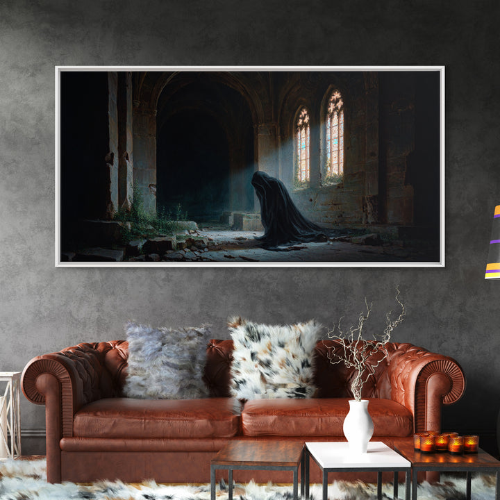 Hooded Figure In Ruined Gothic Cathedral Framed Canvas Print, Dark Academia Wall Art, Moody Spiritual Decor For Home Office