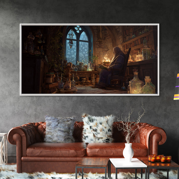 Wizard Library Wall Art, Dark Academia Fantasy Canvas Print, Magical Book Nook Decor, Cozy Reading Room Gift For Book Lover