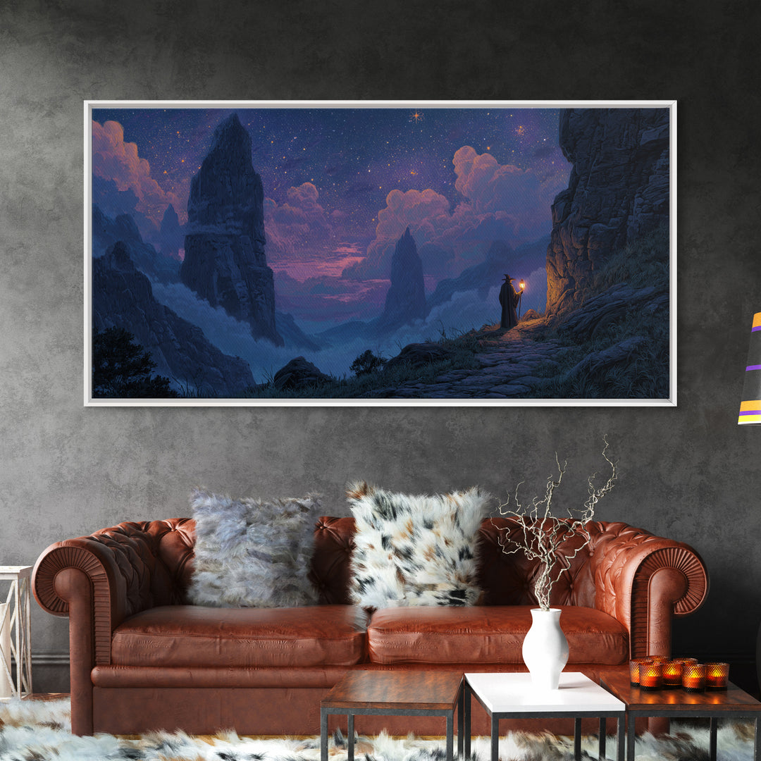 Starry Mountain Pass Canvas Print, Wizard Journey Wall Art, Fantasy Landscape Decor, Purple Night Sky Art Print For Bedroom