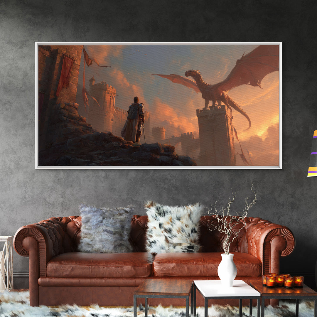 Dragon Over Castle Ramparts Canvas Print, Epic Fantasy Wall Art, Medieval Knight Decor, Dark Academia Gift For Him, Large Statement Artwork